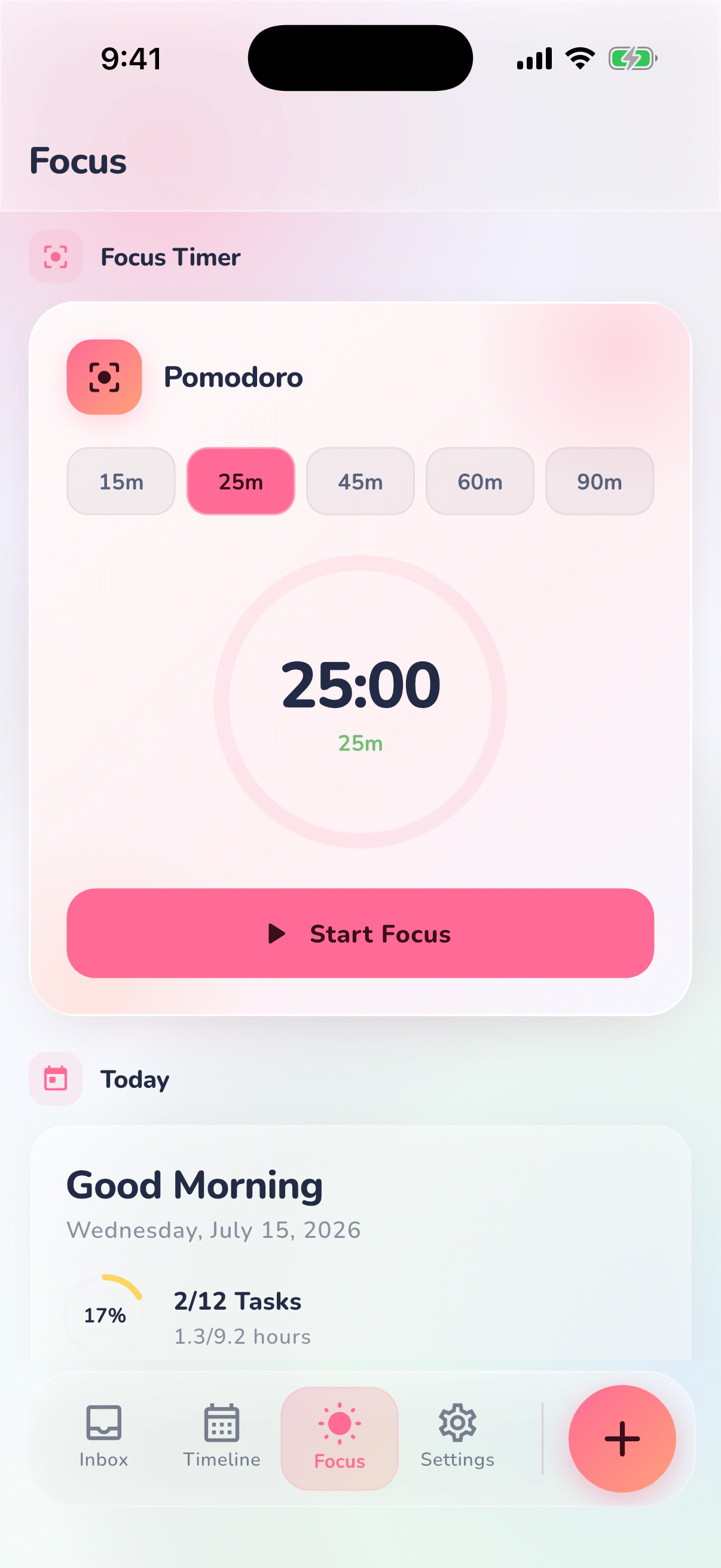 Elegant Planner Focus screen on iPhone