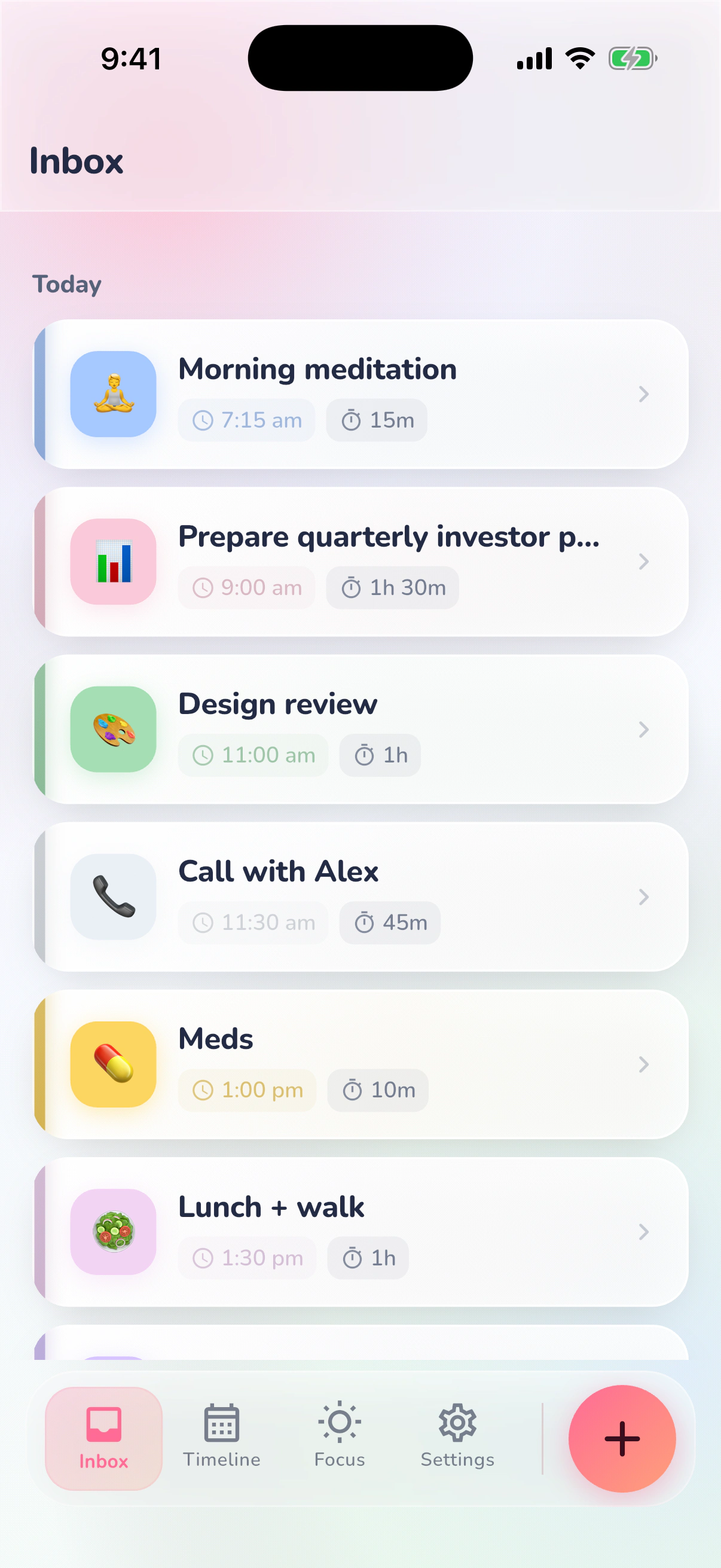 Elegant Planner Inbox screen on iPhone