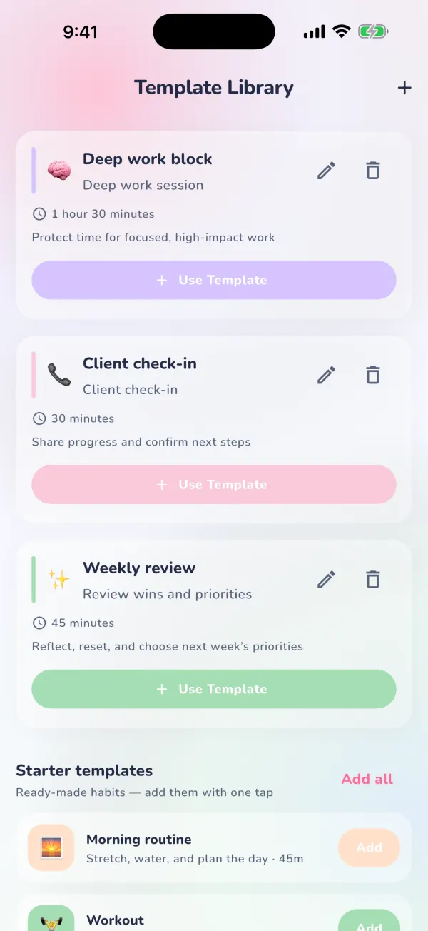 Elegant Planner Templates screen on iPhone